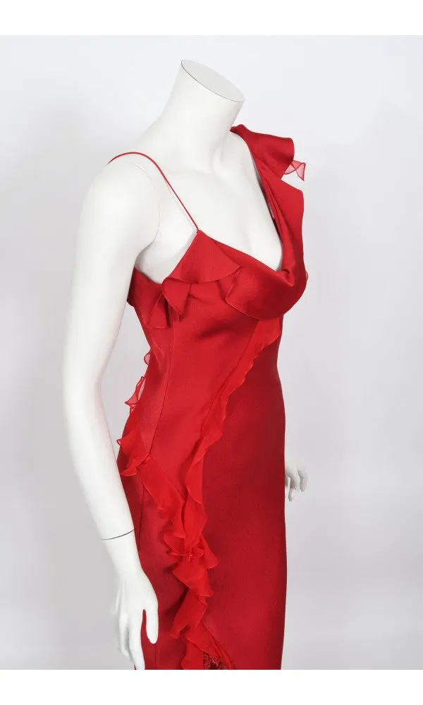 2003 Christian Dior by John Galliano Ruby Red Silk Bias-Cut Ruffle Gown