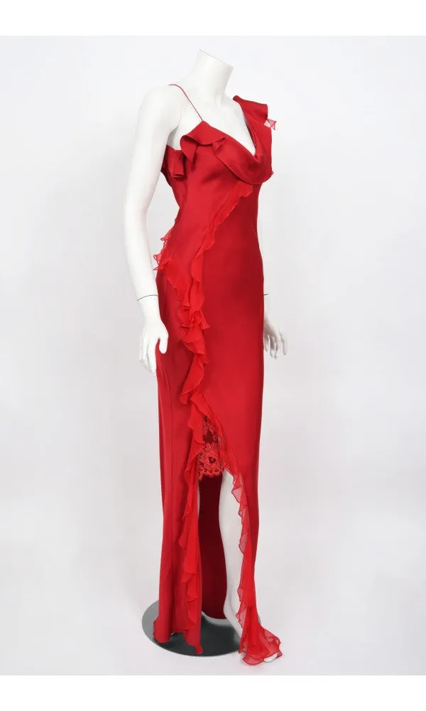 2003 Christian Dior by John Galliano Ruby Red Silk Bias-Cut Ruffle Gown