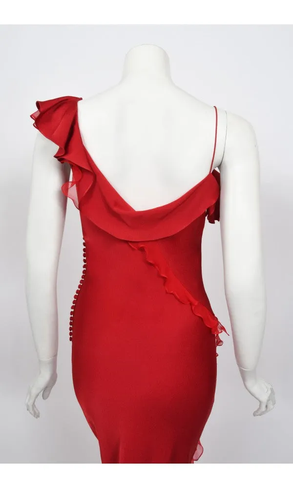 2003 Christian Dior by John Galliano Ruby Red Silk Bias-Cut Ruffle Gown
