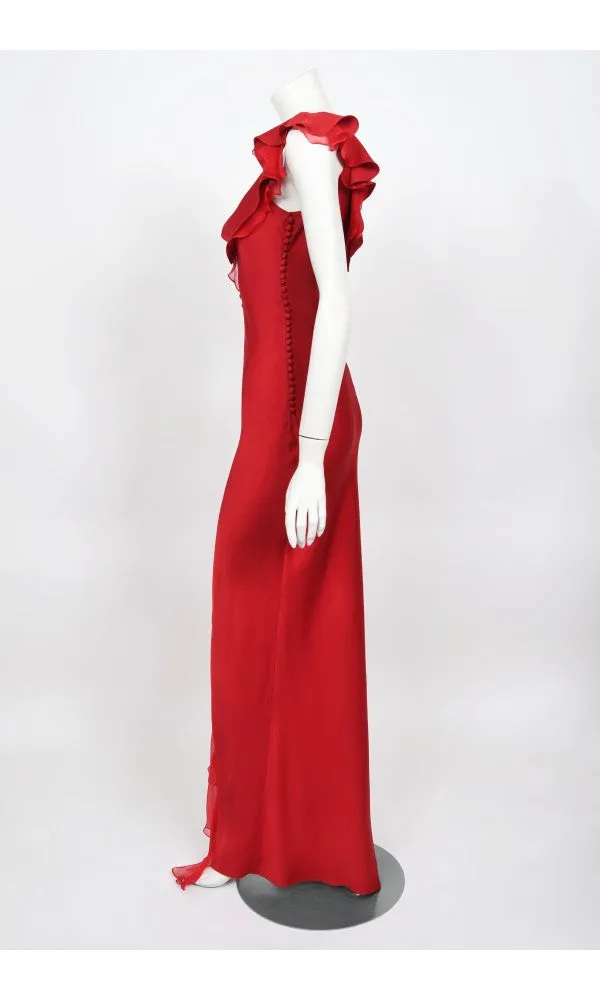 2003 Christian Dior by John Galliano Ruby Red Silk Bias-Cut Ruffle Gown