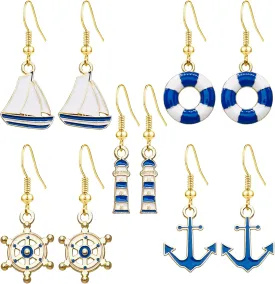 5 Pairs Nautical Themed Sailboat Earrings for Women Sailor Earrings Unique navy Nautical Ship Wheel Anchor Drop Stud for Women