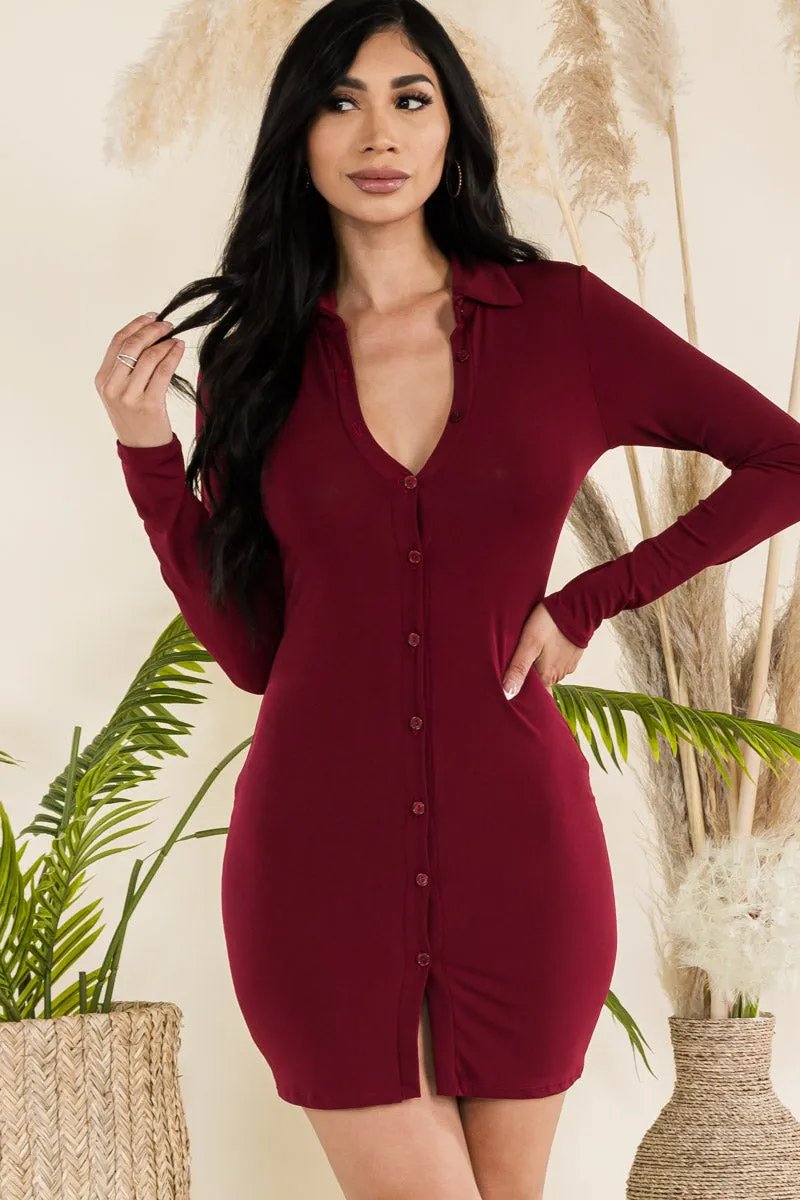 AD8858 - BUTTON DOWN COLLARD LONG SLEEVE DRESS