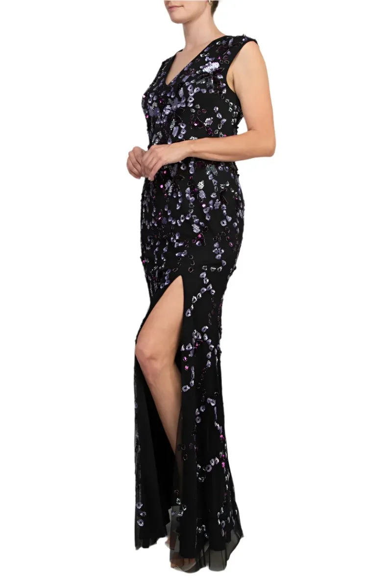 Adrianna Papell Beaded V Neck Sleeveless Font Slit Gown