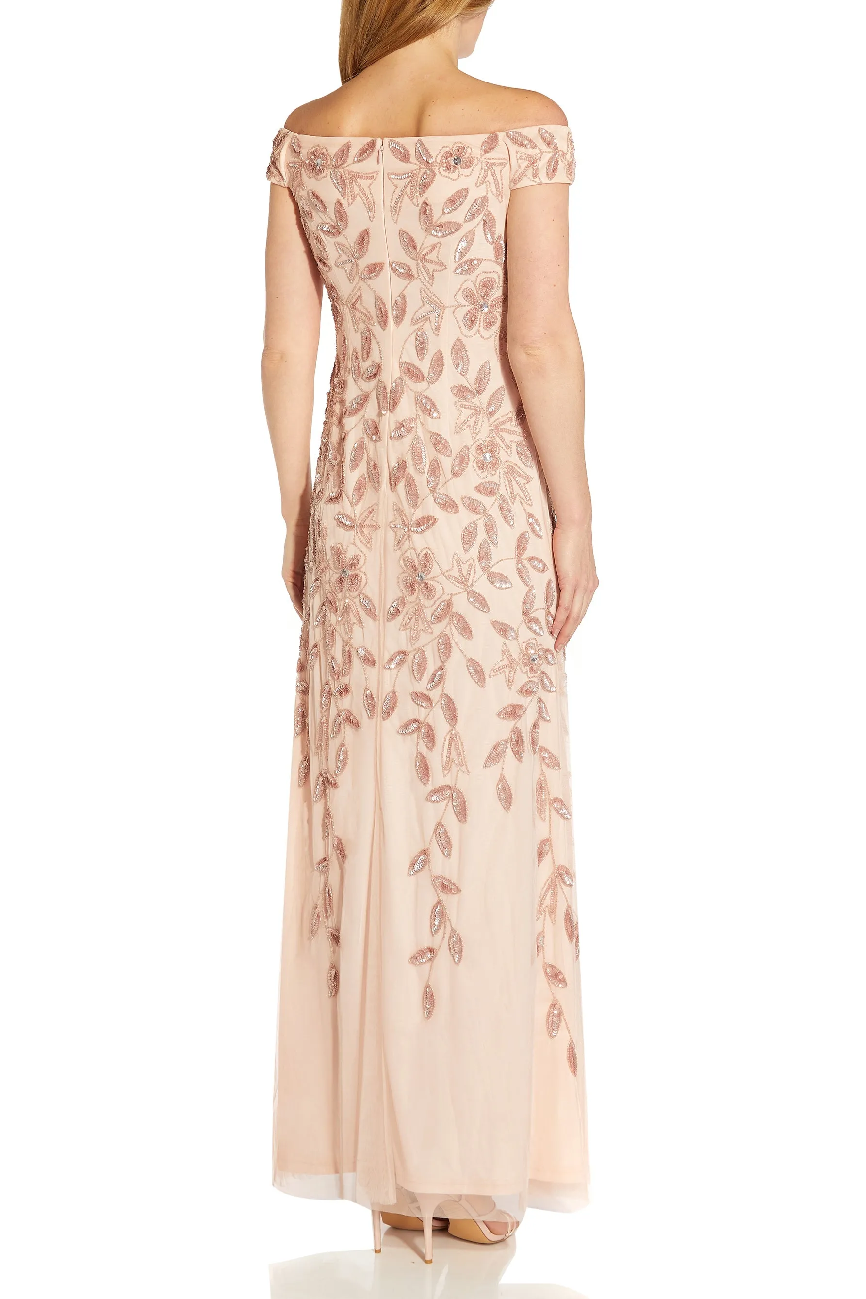 Adrianna Papell Off the Shoulder Silhouette Back Zipper Short Sleeve Gown