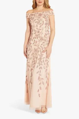 Adrianna Papell Off the Shoulder Silhouette Back Zipper Short Sleeve Gown
