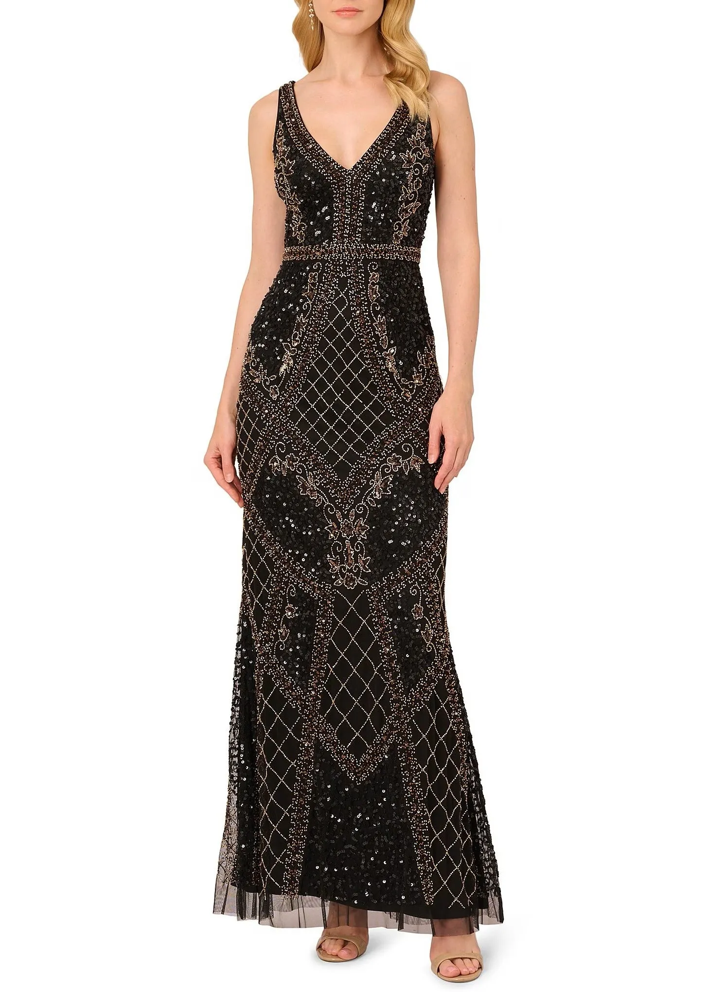 Adrianna Papell V-neck sleeveless zipper closure mermaid beaded mesh gown