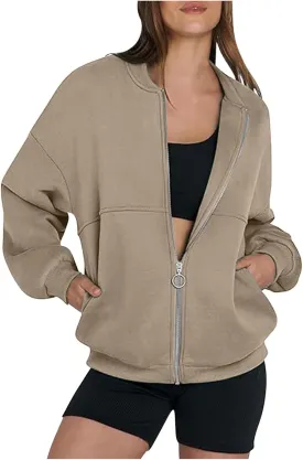 Akklian Women's Zip Up Sweatshirt Jacket No Hood Long Sleeve Casual Loose Outwear with Pockets 2024 Oversized Fashion Clothes