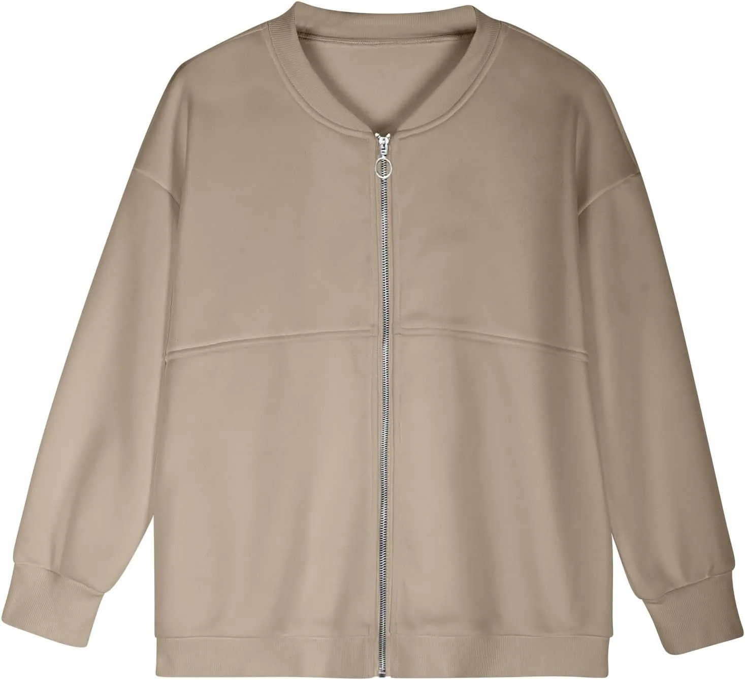Akklian Women's Zip Up Sweatshirt Jacket No Hood Long Sleeve Casual Loose Outwear with Pockets 2024 Oversized Fashion Clothes
