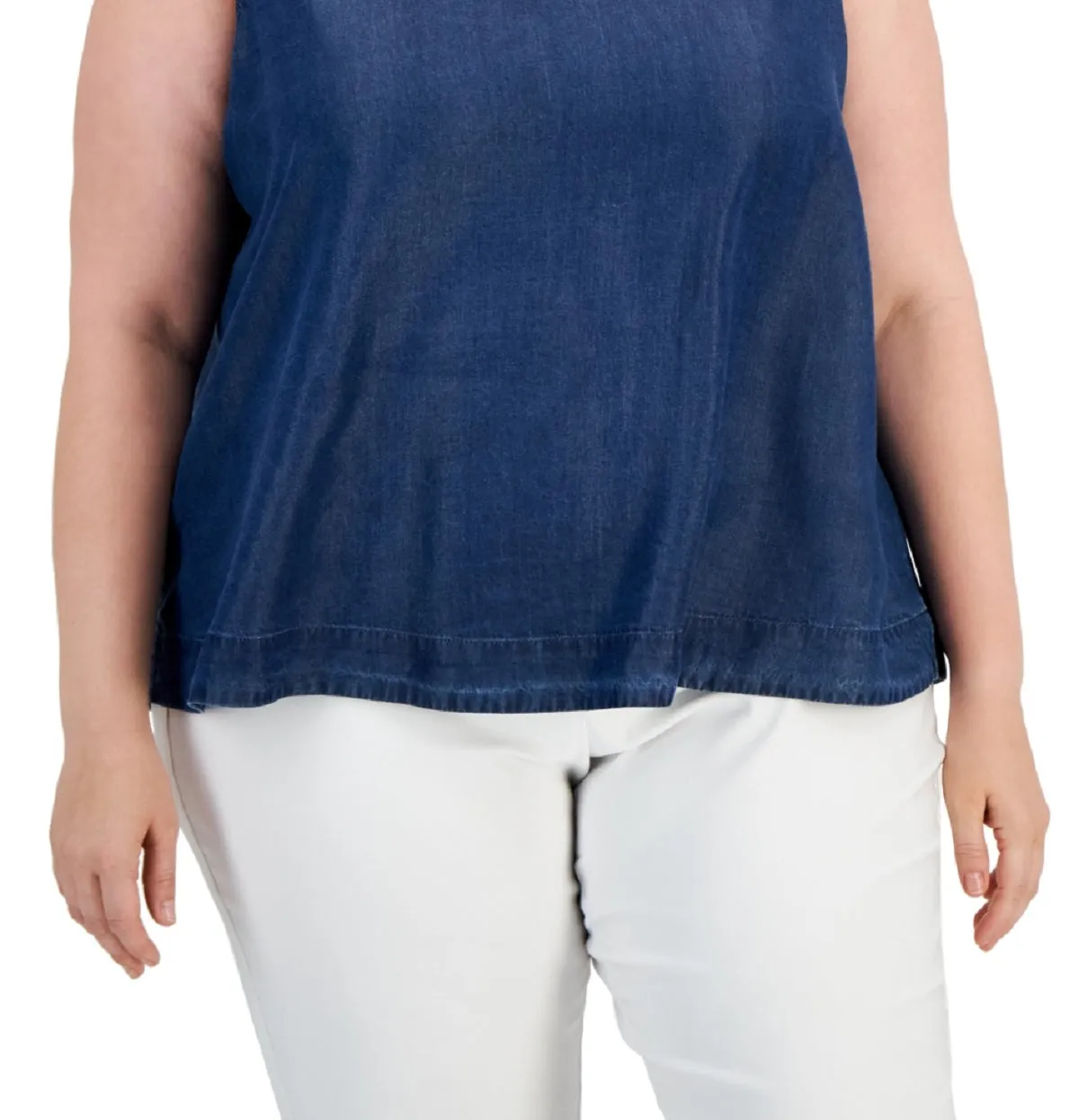Anne Klein Women's Denim Trapeze Hem Bow Back Blouse Blue