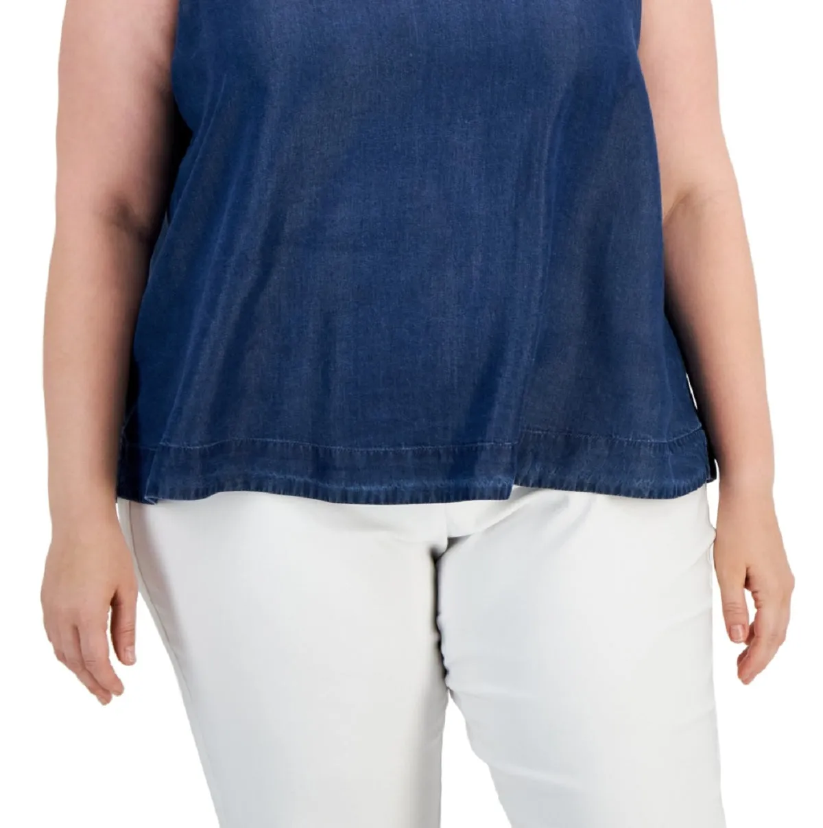 Anne Klein Women's Denim Trapeze Hem Bow Back Blouse Blue