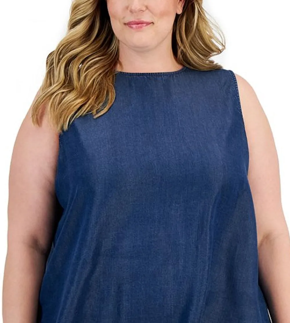 Anne Klein Women's Denim Trapeze Hem Bow Back Blouse Blue