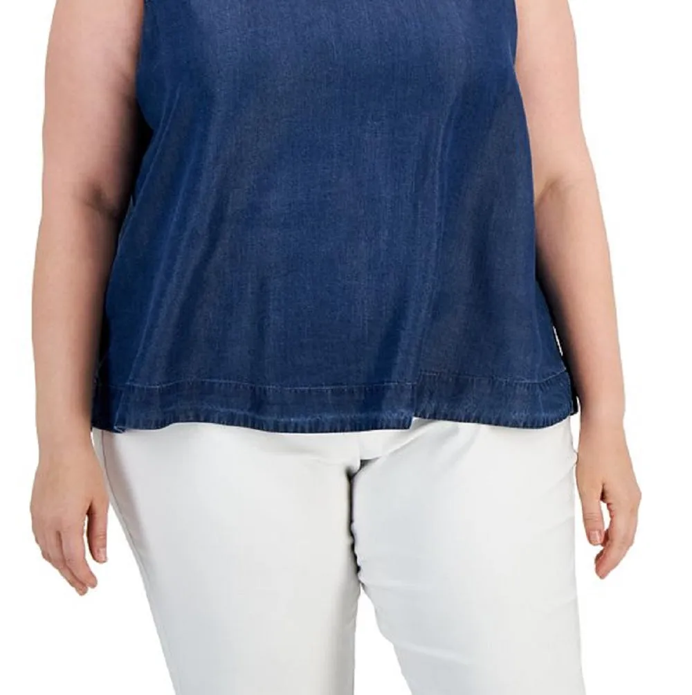 Anne Klein Women's Denim Trapeze Hem Bow Back Blouse Blue
