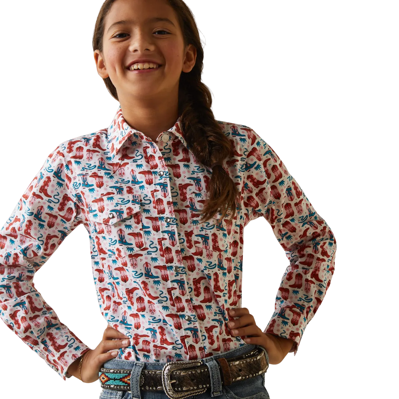 Ariat Girls White with Turquoise Blazin' Boots Print Long Sleeve Western Shirt