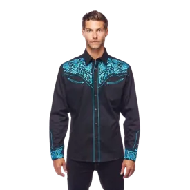 Avalon Men's Western Embroidered Black Turquoise Shirt