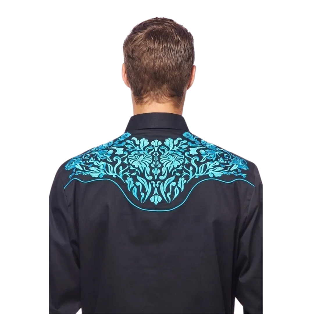 Avalon Men's Western Embroidered Black Turquoise Shirt