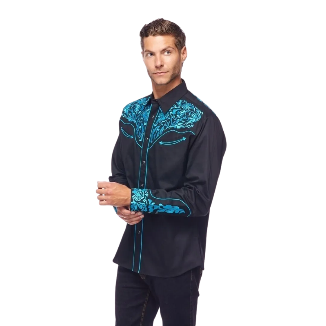 Avalon Men's Western Embroidered Black Turquoise Shirt