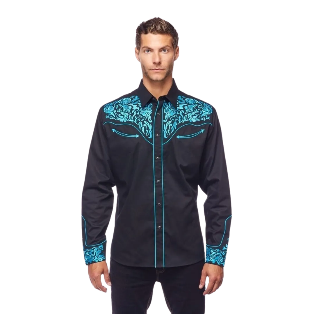 Avalon Men's Western Embroidered Black Turquoise Shirt