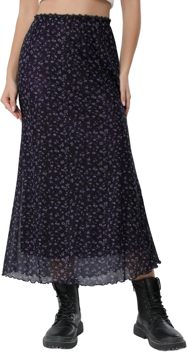 Avanova Women Ditsy Floral Bohemia Mesh Mermaid Skirt High Waist Summer Midi Skirts