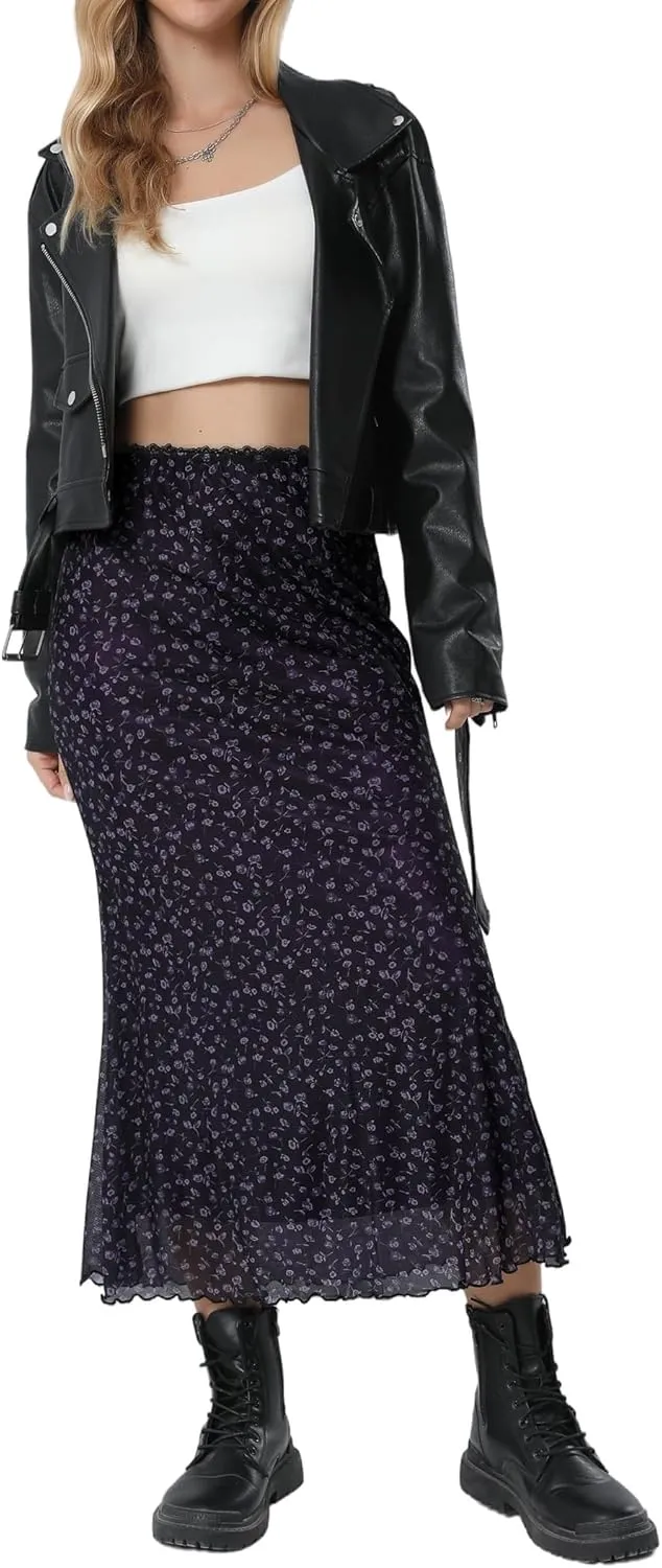 Avanova Women Ditsy Floral Bohemia Mesh Mermaid Skirt High Waist Summer Midi Skirts