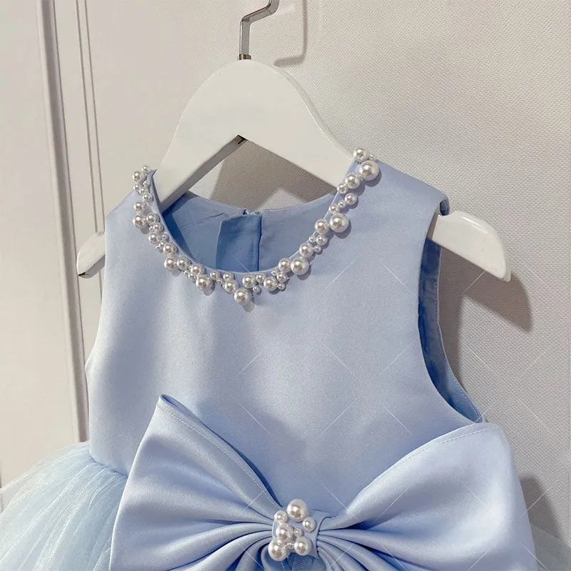 Baby Girl Ball Gowns Girl Blue Sleeveless Cake Flower Birthday Party Dress