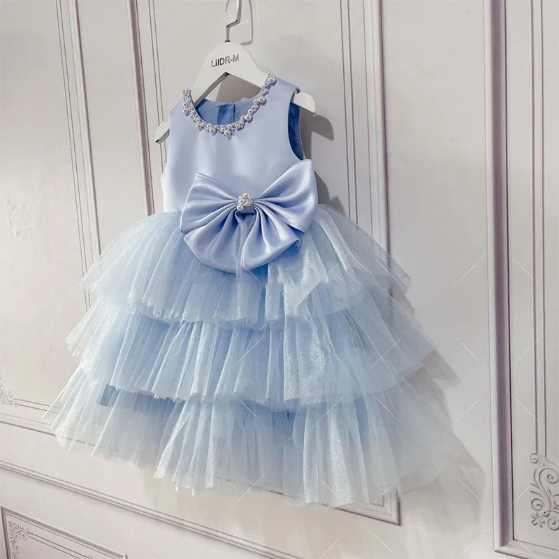 Baby Girl Ball Gowns Girl Blue Sleeveless Cake Flower Birthday Party Dress
