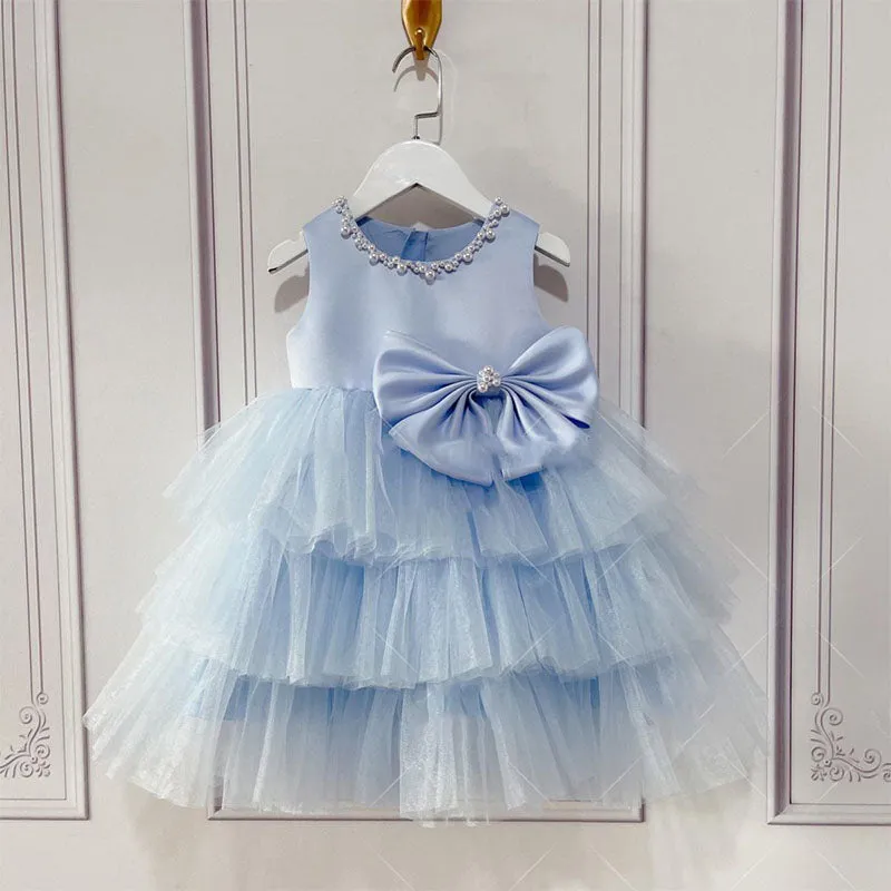 Baby Girl Ball Gowns Girl Blue Sleeveless Cake Flower Birthday Party Dress