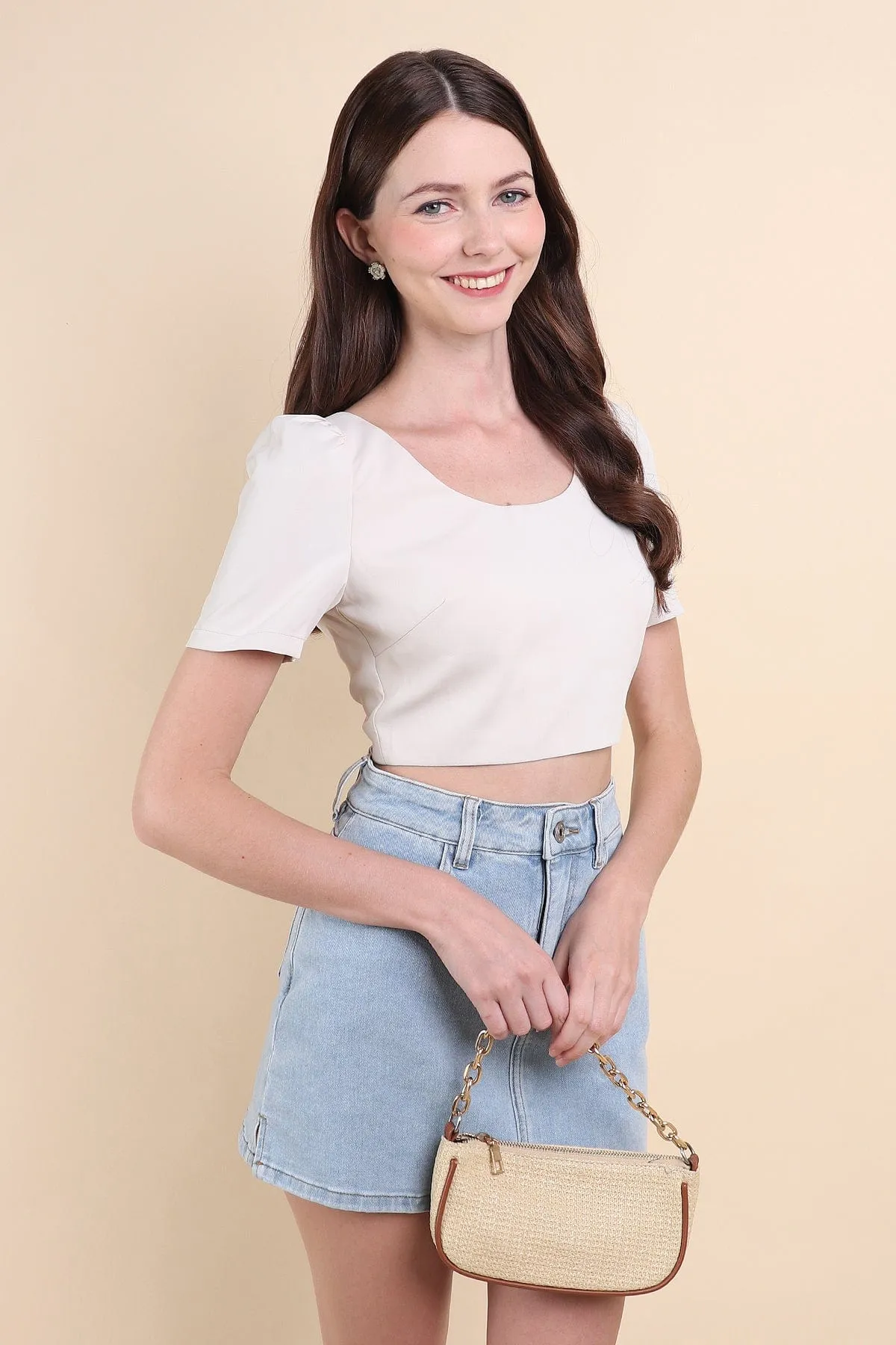BEBE PADDED BOW OPEN BACK TOP IN OAT