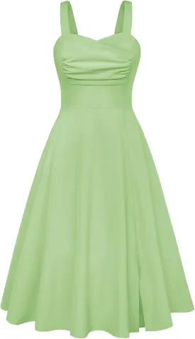 Belle Poque Women's Vintage 1950s Cocktail Dress Sleeveless Spaghetti Strap Ruched Slit A Line Swing Dress with Pockets