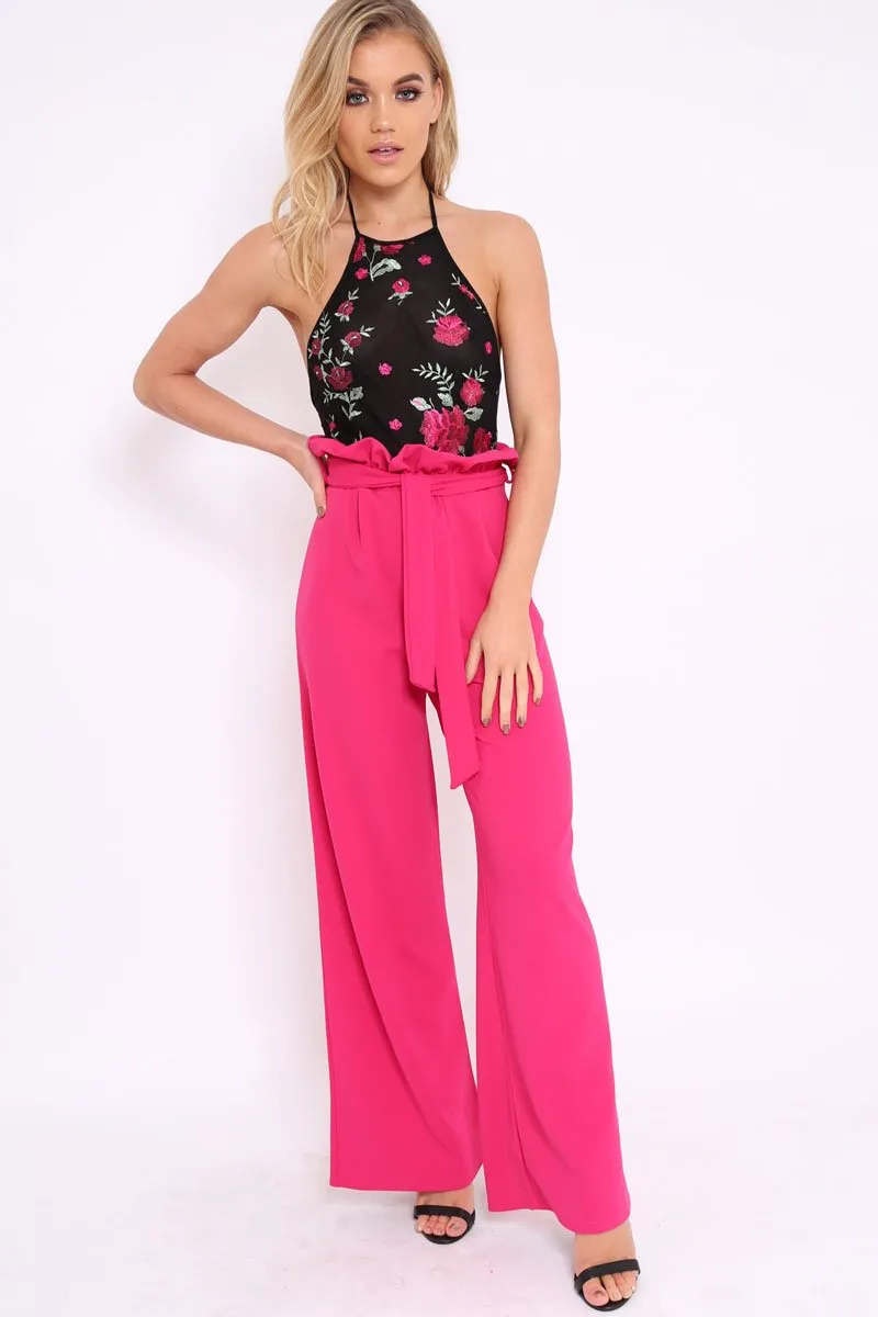 Black Mesh Embroidered Halter Neck Bodysuit - Harlo