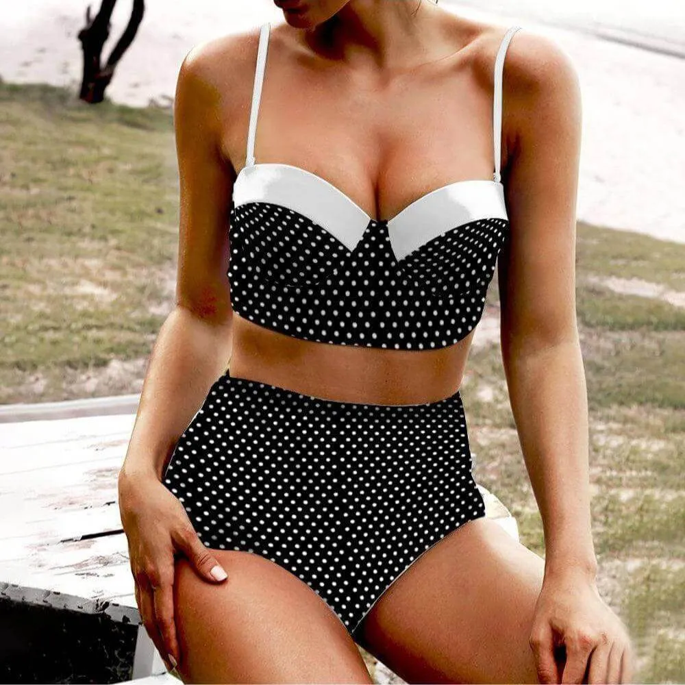 Black Polka Dot High Waist Retro Bikini