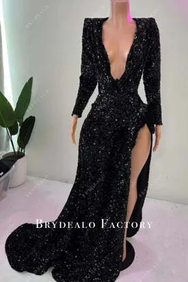 Black Sequined Plunging Neck Slit Prom Dress