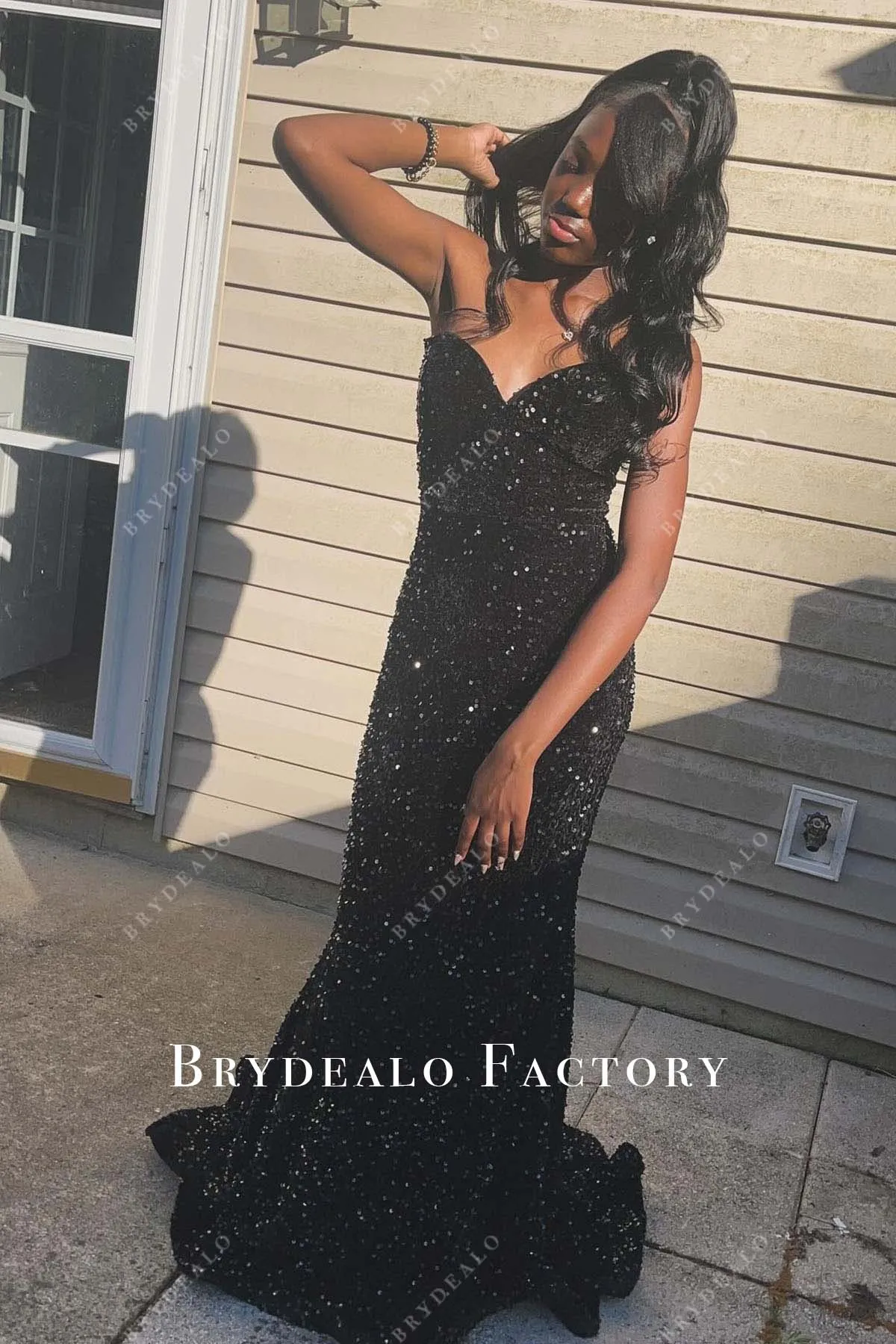 Black Sequined Strapless V Neck Mermaid Prom Dress