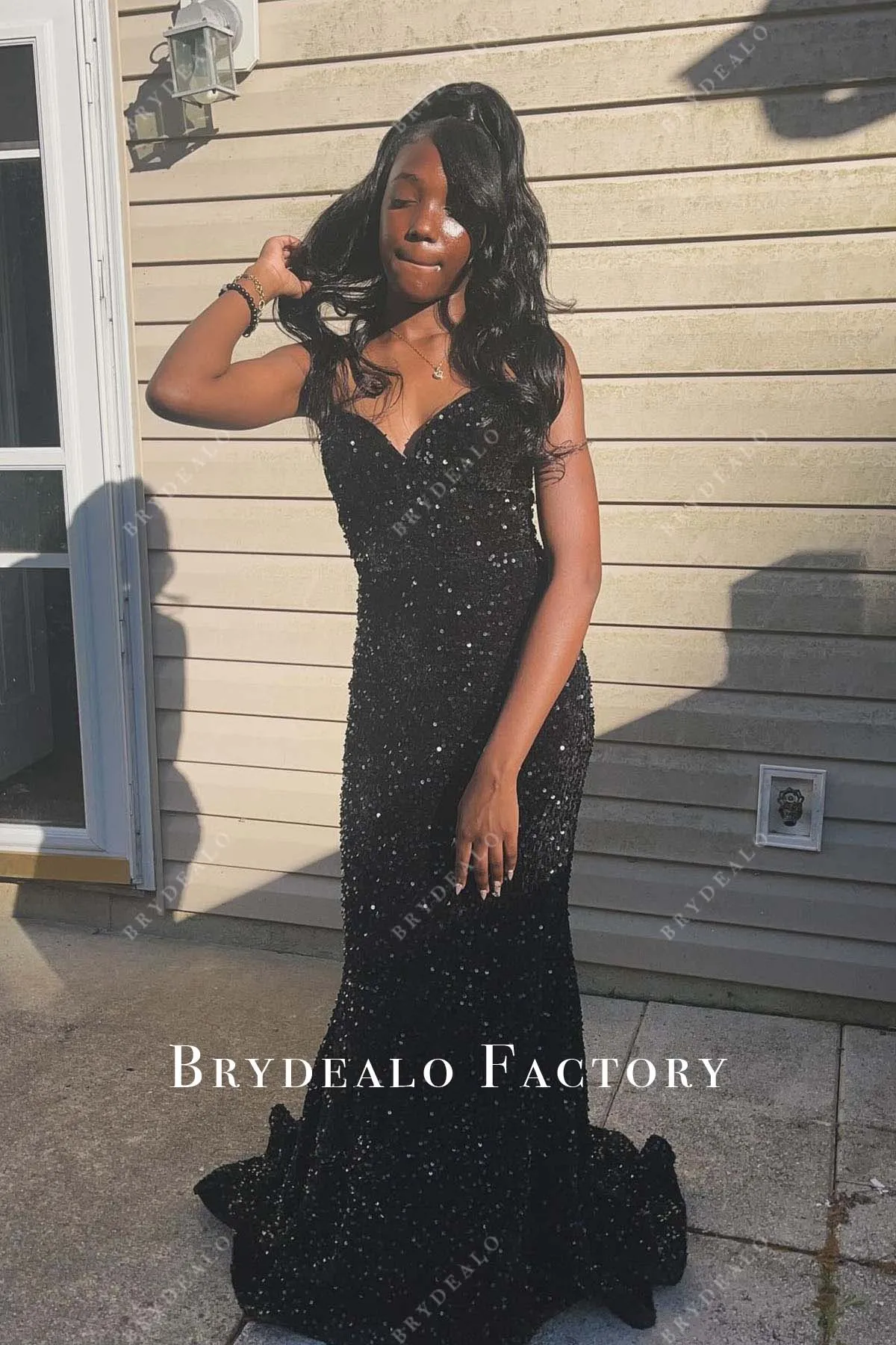 Black Sequined Strapless V Neck Mermaid Prom Dress