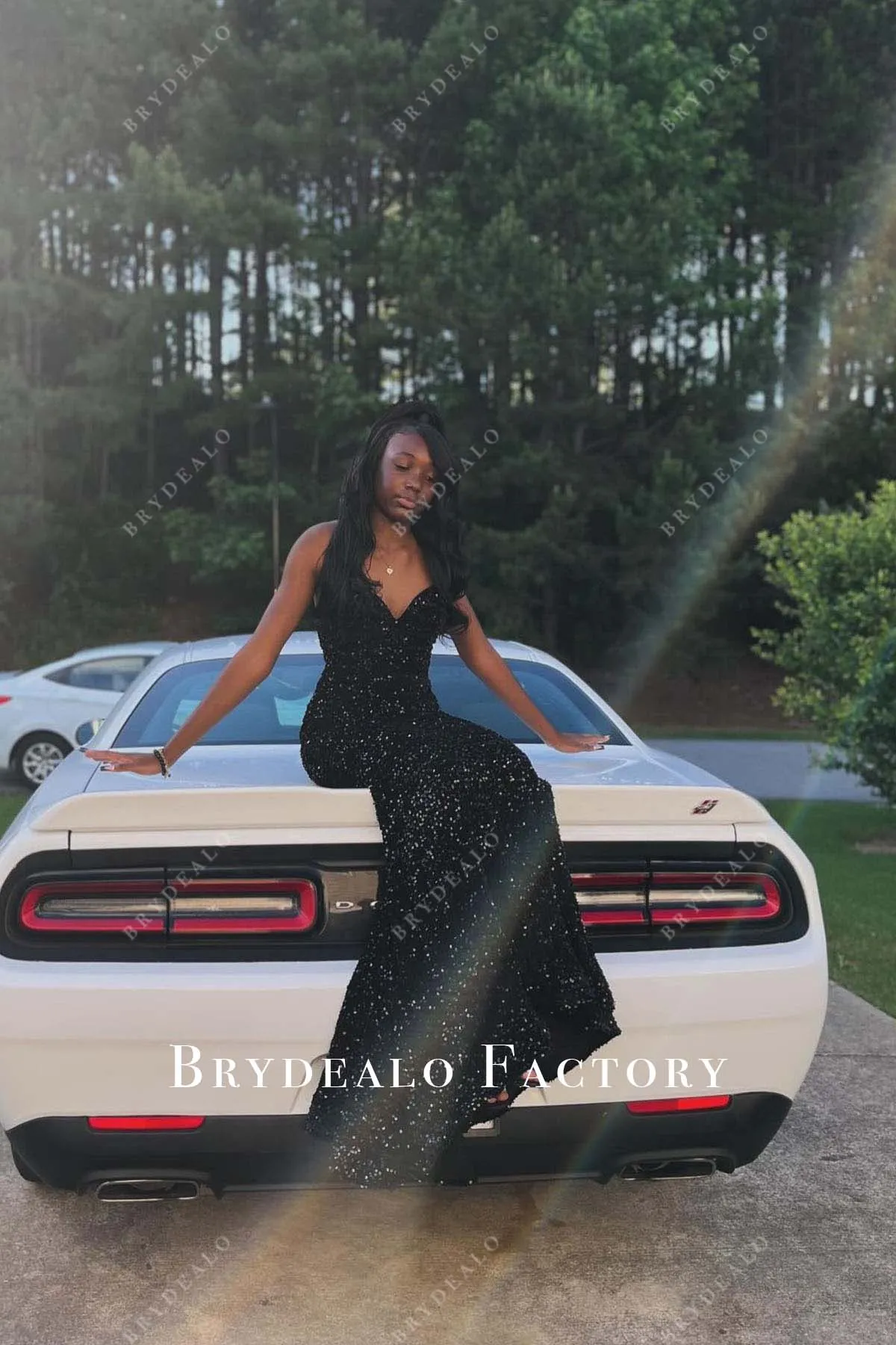 Black Sequined Strapless V Neck Mermaid Prom Dress
