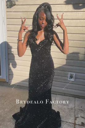 Black Sequined Strapless V Neck Mermaid Prom Dress