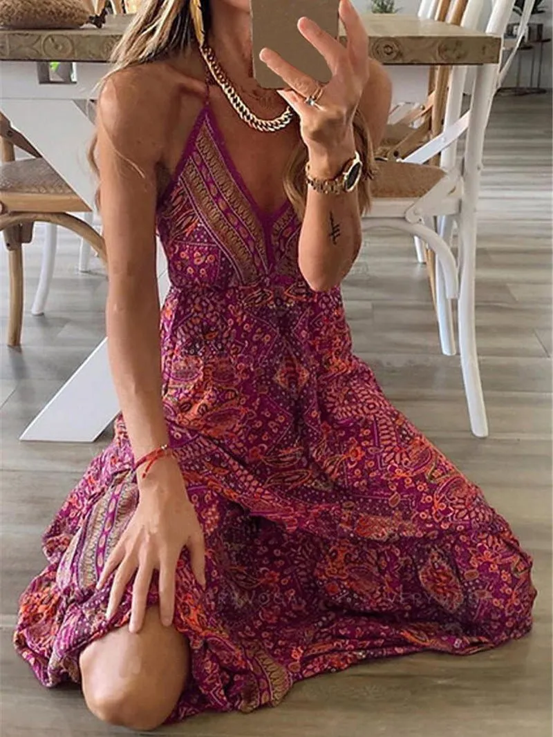 Bohemian Print Sling Sleeveless Dress