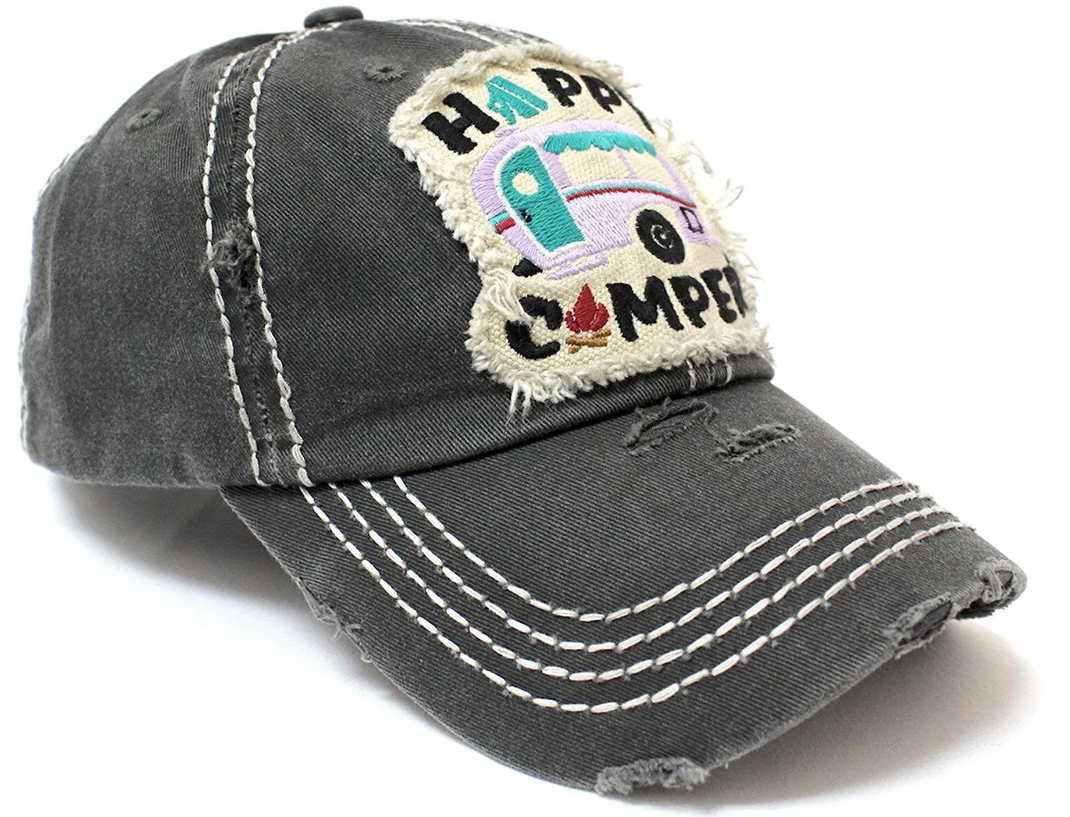 CAPS 'N VINTAGE Women's Happy Camper Camp Fire Patch Embroidery Baseball Hat-Blk/Blue