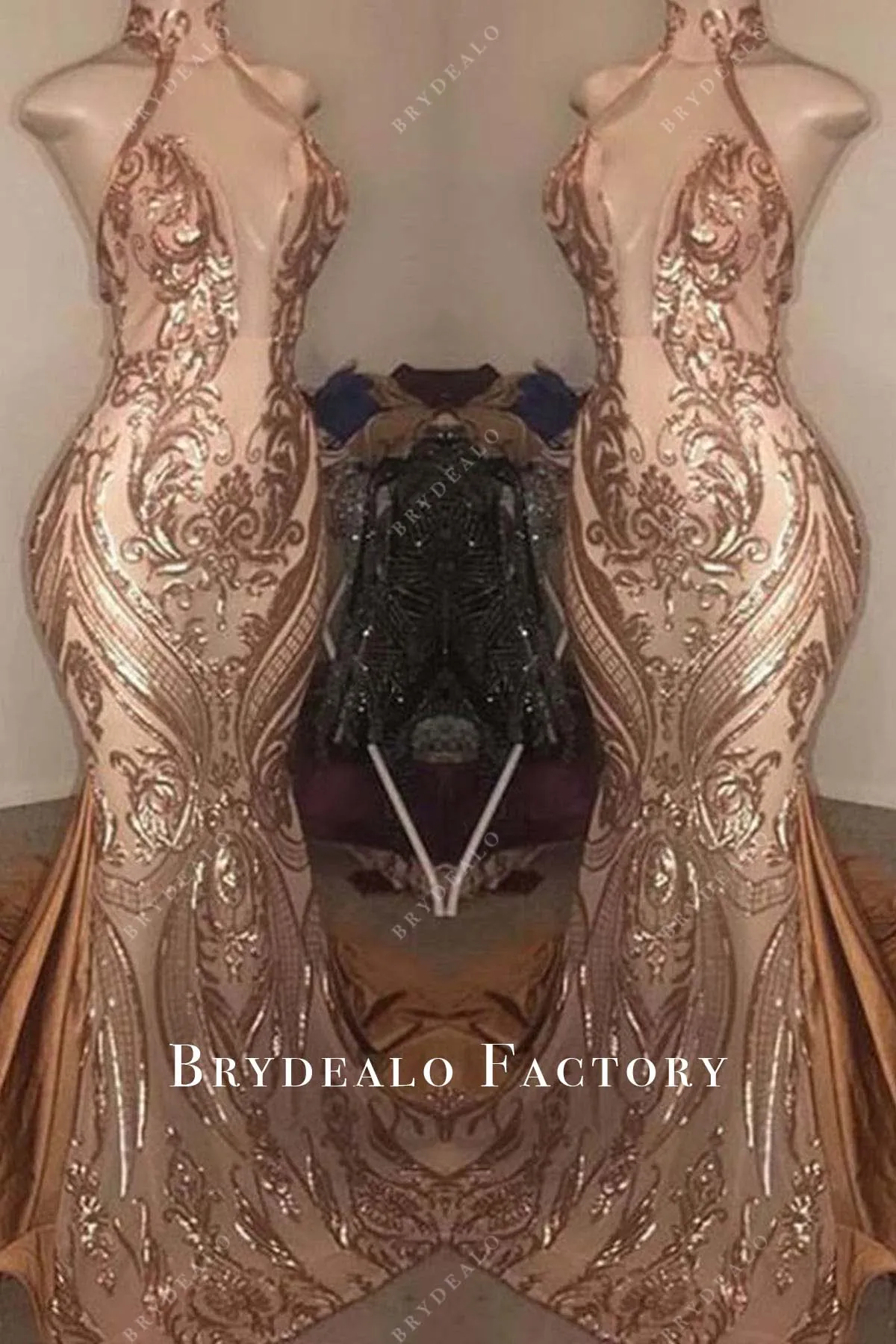 Champagne Gold Sequined High Neck Trumpet Prom Dress