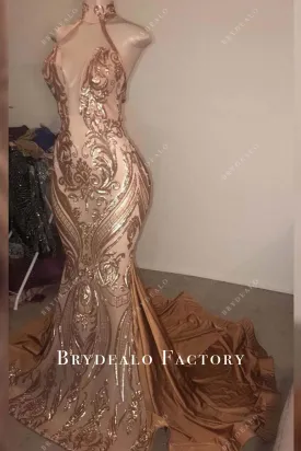 Champagne Gold Sequined High Neck Trumpet Prom Dress