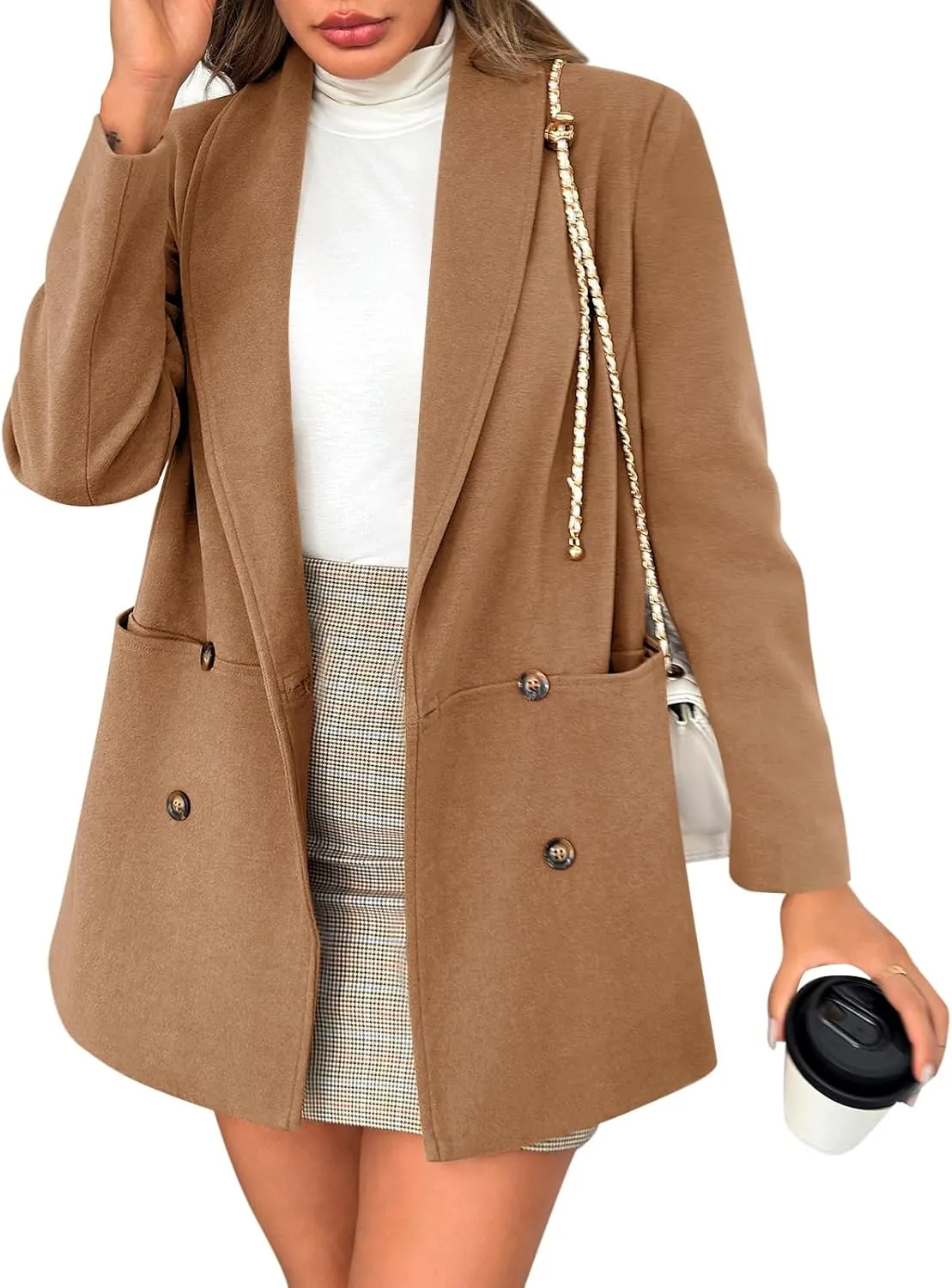 Cicy Bell Womens Winter Pea Coat Casual Double Breasted Lapel Trench Coat Mid Long Blazer Jacket