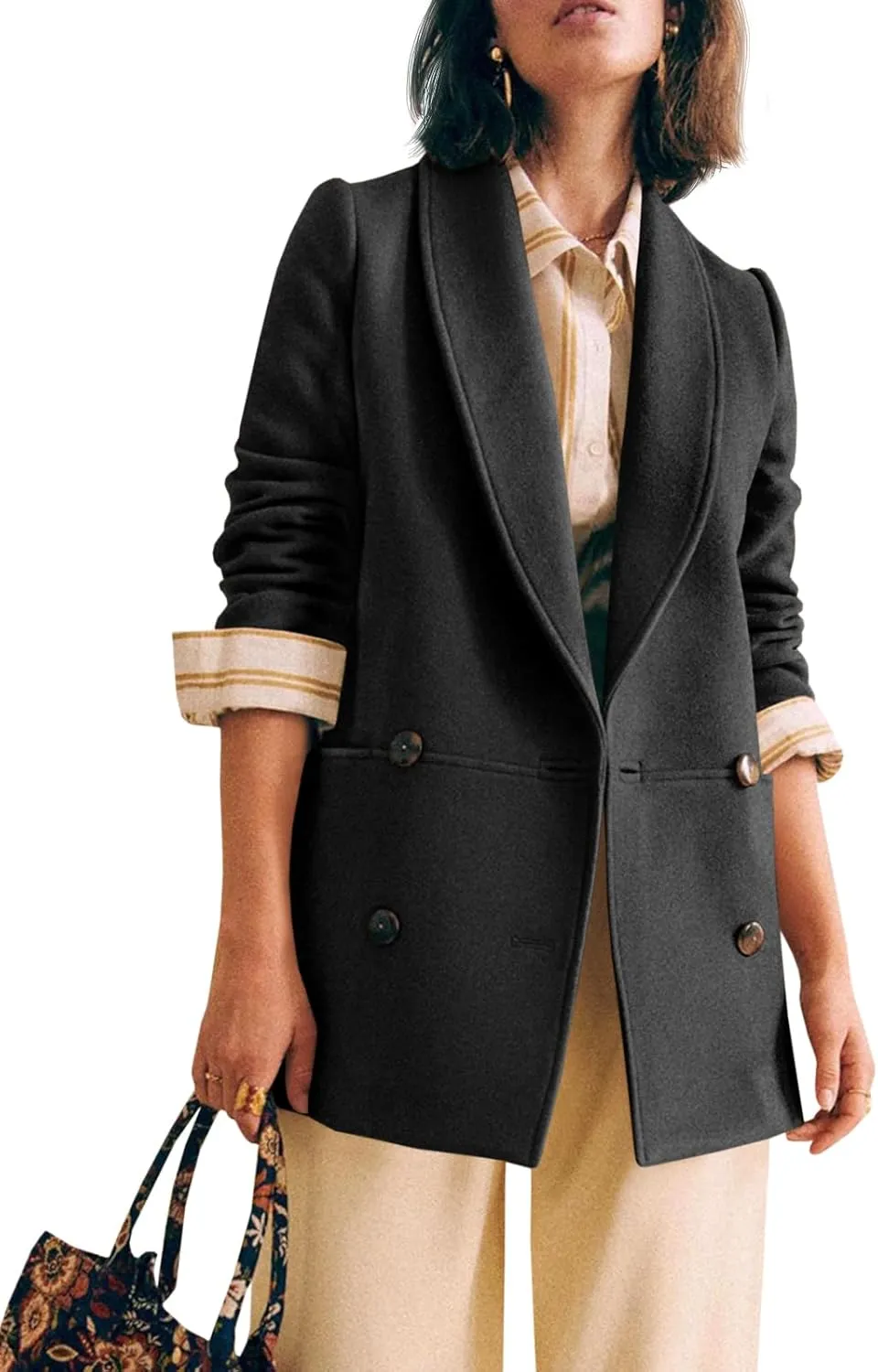 Cicy Bell Womens Winter Pea Coat Casual Double Breasted Lapel Trench Coat Mid Long Blazer Jacket
