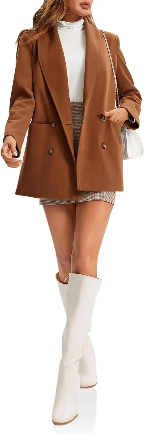 Cicy Bell Womens Winter Pea Coat Casual Double Breasted Lapel Trench Coat Mid Long Blazer Jacket