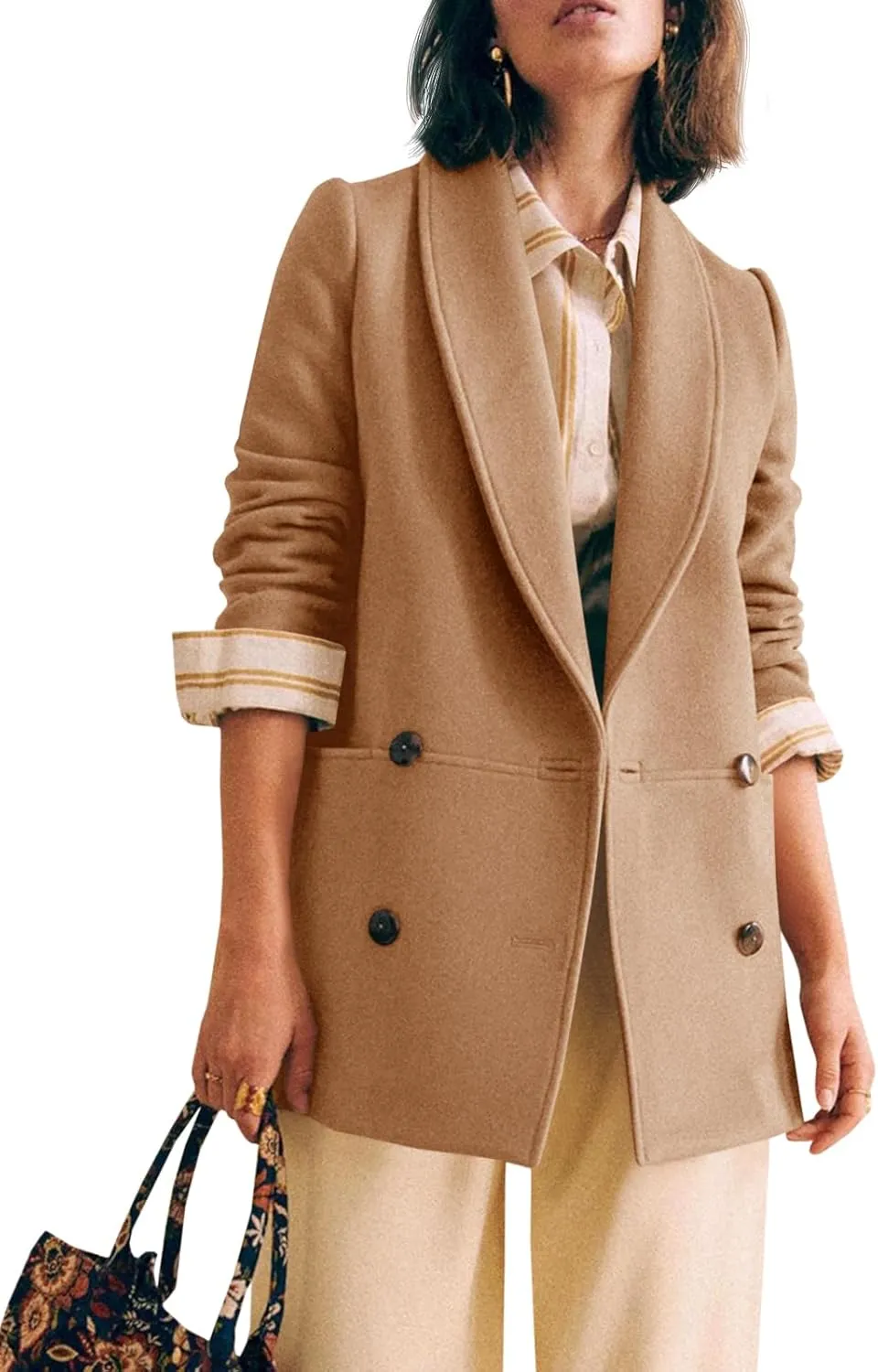 Cicy Bell Womens Winter Pea Coat Casual Double Breasted Lapel Trench Coat Mid Long Blazer Jacket