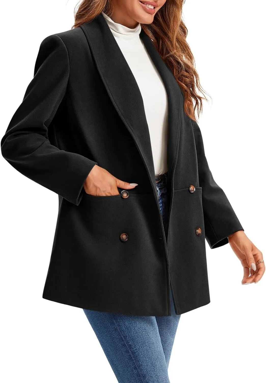 Cicy Bell Womens Winter Pea Coat Casual Double Breasted Lapel Trench Coat Mid Long Blazer Jacket