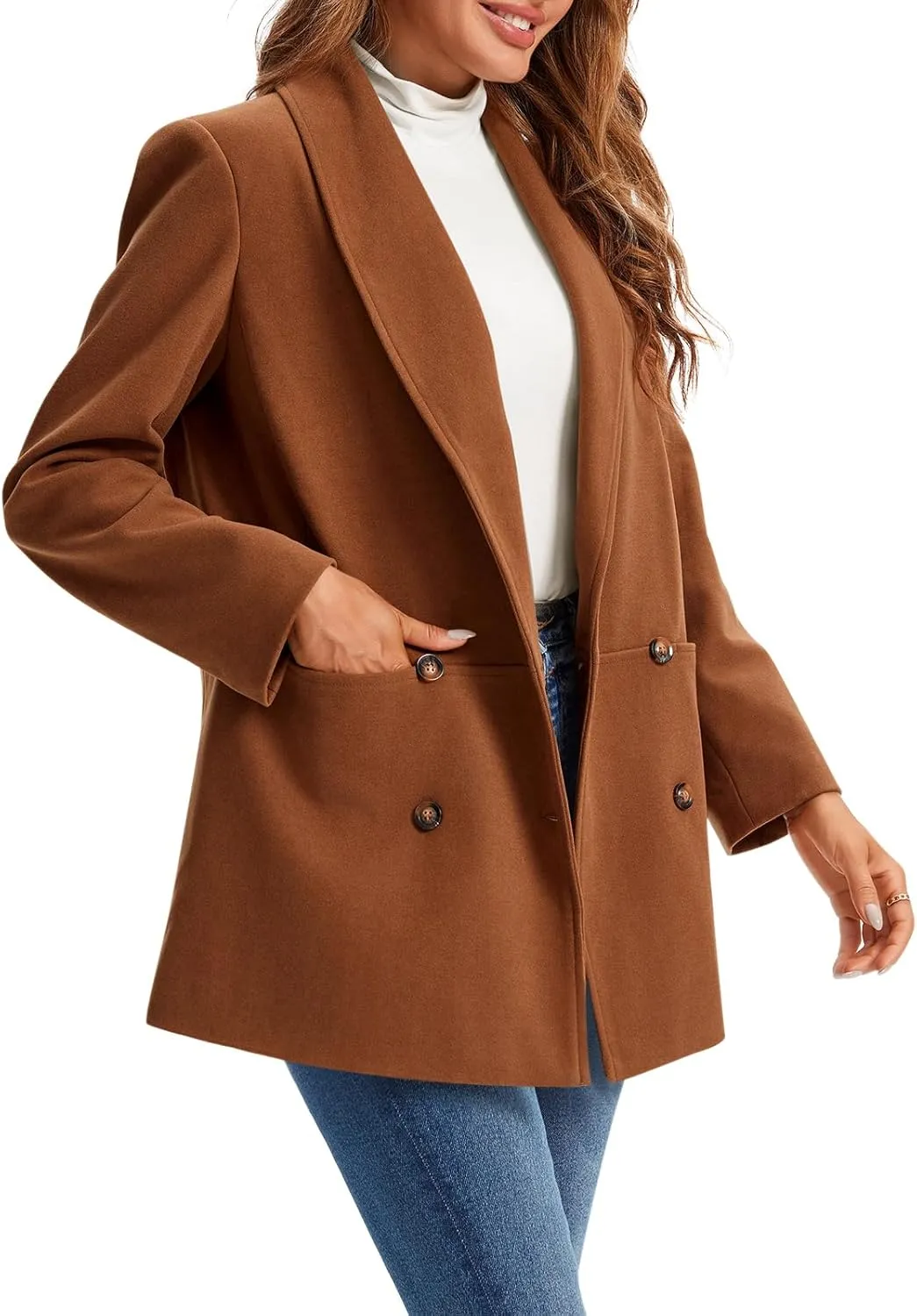 Cicy Bell Womens Winter Pea Coat Casual Double Breasted Lapel Trench Coat Mid Long Blazer Jacket
