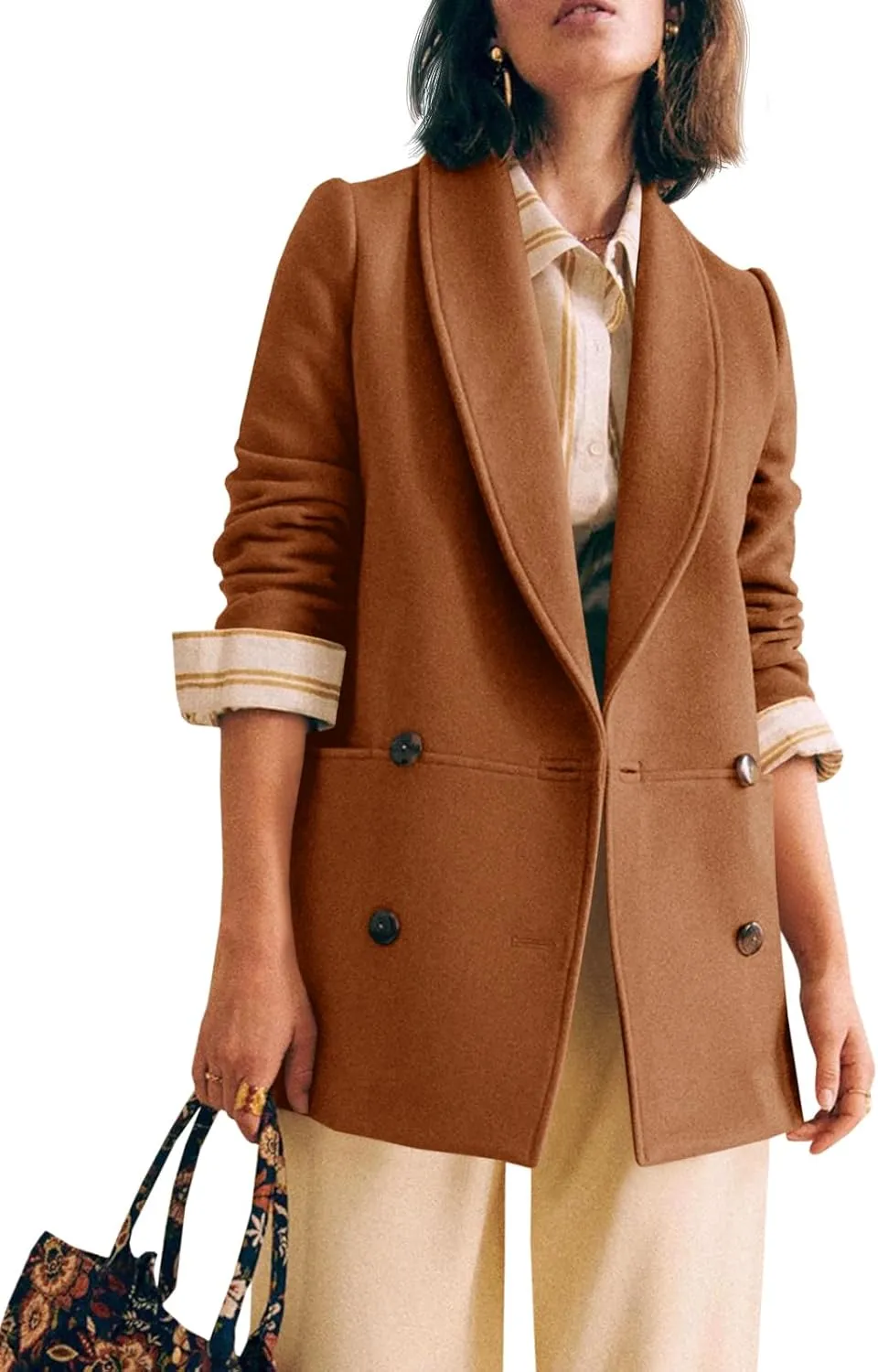 Cicy Bell Womens Winter Pea Coat Casual Double Breasted Lapel Trench Coat Mid Long Blazer Jacket