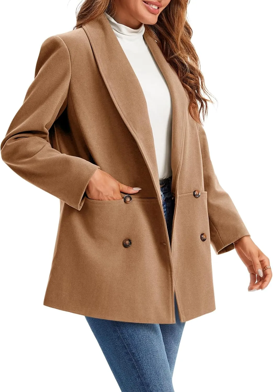 Cicy Bell Womens Winter Pea Coat Casual Double Breasted Lapel Trench Coat Mid Long Blazer Jacket