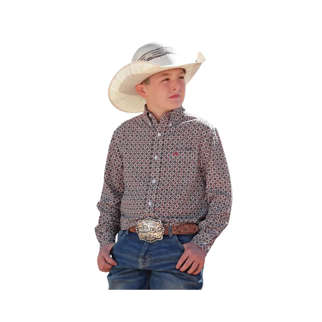 Cinch Kid's Arenaflex Geometric Print Button Down Western Khaki Shirt