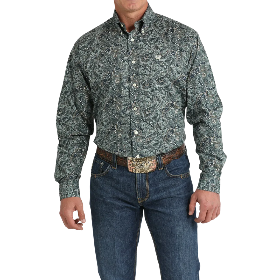 Cinch Men's Button Down Green And Cream Shirt