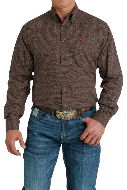 Cinch Men's Geometric Print Button Down Western Brown Khaki Shirt